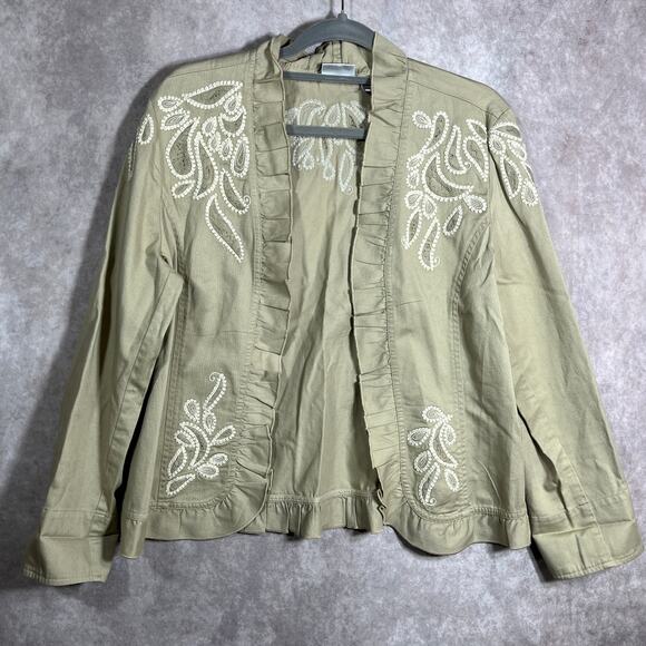 Chico's Blazer Jacket Womens Size 2 US Large Tan Ruffle Trim Embroidered Paisley - Picture 1 of 8